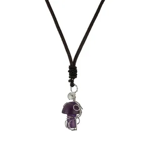 Handmade wire wrapped amethyst mushroom pendant necklace with adjustable brown cord