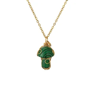 Handmade wire-wrapped green malachite mushroom pendant necklace in golden finish