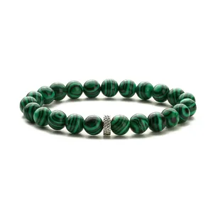 Tigerauge- und Malachit-Perlenarmband mit mattschwarzem Onyx und einem Metallanhänger