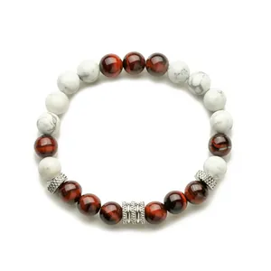 Edelstahl Perlenarmband mit rotem Tigerauge und weißen Türkis-Natursteinen