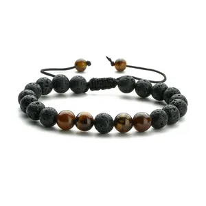 Bracelet ajustable en œil de tigre et pierre de lave de 8 mm tissé pour hommes et femmes