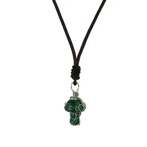 Handmade wire-wrapped malachite mushroom pendant with brown braided cord necklace