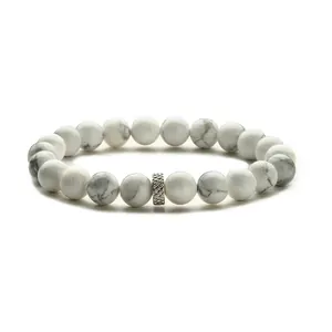 Tigerauge Weißes Howlith Perlenarmband für Paare mit silbernem strukturiertem Metall-Charm