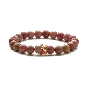 Agate stone beaded bracelet for women with rose gold crown and micro-paved zircons