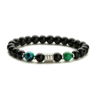 Pulsera de hombre de acero inoxidable con ojo de tigre, cuentas negras y amuleto plateado