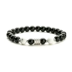 Pulsera de cuentas de obsidiana y piedra de mármol blanco con cilindro de plata