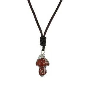 Handmade wire wrapped red jasper mushroom pendant necklace with brown woven cord
