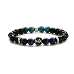 Bracelet croix avec perles en agate noire, oeil de tigre bleu et pierres naturelles