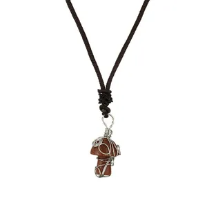Handcrafted wire-wrapped goldstone mushroom pendant necklace with braided cord strap