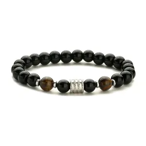 Pulsera para hombre de cuentas de obsidiana negra y ojo de tigre con amuleto plata