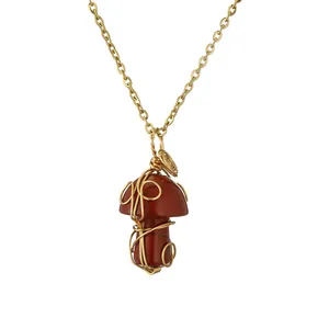 Handmade mushroom pendant necklace with red agate stone and gold wire wrapping