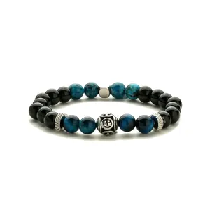 Bracelet en perles de pierre d'œil de tigre naturelle avec breloque croix en inox poli