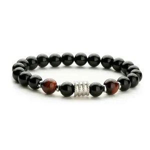 Pulsera para hombre de ojo de tigre y cuentas negras con cilindro de plata texturizada