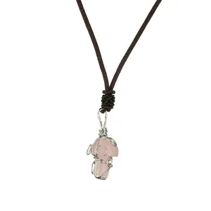 Handmade silver wire wrapped pink crystal mushroom pendant with brown cord