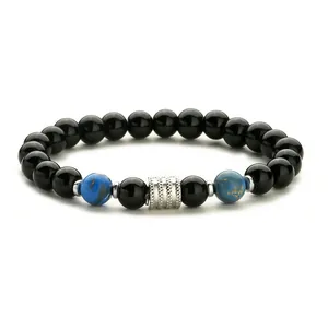 Pulsera de cuentas para hombre con piedras negras pulidas y detalles azules