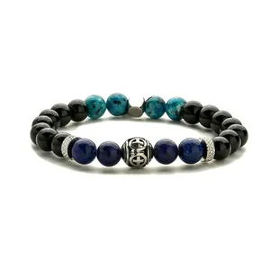 Bracelet en pierres naturelles avec perle croix en argent, oeil de tigre et lave