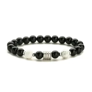 Pulsera elástica con cuentas de ojo de tigre, piedras negras y cilindro de metal plata