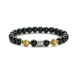 Pulsera para hombre de acero inoxidable con ojo de tigre, amatista y cuentas negras