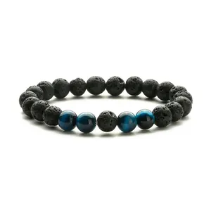 Bracelet énergétique en pierre de lave noire 8mm et perles d'oeil de tigre bleu naturel