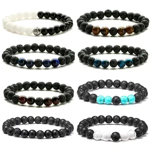 Bracelet en Perles de Pierre de Lave Naturelle et Oeil de Tigre Bracelet de Roche de Lave Énergétique Fait Main Bijoux pour Hommes Femmes