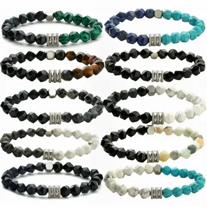 Pulsera de Cuentas de Piedra Natural Con Dijes Geométricos de Acero Inoxidable Hombre Mujer Estilo Étnico Bohemio Joyería