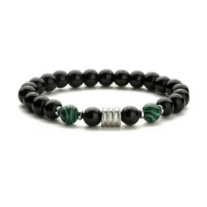 Pulsera de ágata negra para hombre con piedras de malaquita y espaciador de metal plateado