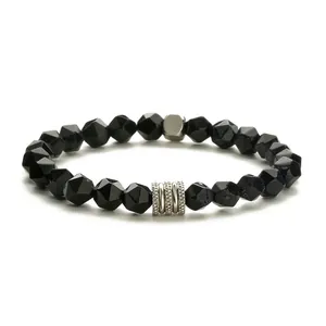 Pulsera minimalista de cuentas facetadas de ágata negra y piedra arenisca azul y metal
