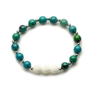 Tiger eye and lava stone elastic bracelet with turquoise beads and silver metal spacers