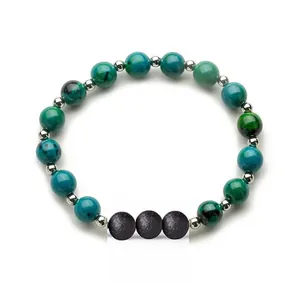 Blue phoenix stone beaded bracelet with black lava rocks and silver metal spacers