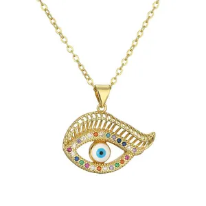 Golden Evil Eye necklace with colorful cubic zirconia stones and eyelash design details