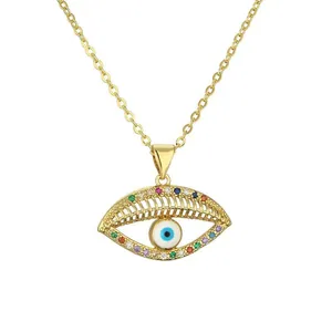 Golden evil eye pendant necklace with colorful cubic zirconia stones and gold chain