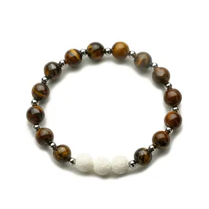 Beaded bracelet with brown tiger eye stones, silver spacers and white lava beads