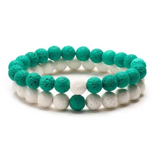 Lava stone bead bracelet set in turquoise and white for couples, minimalist style