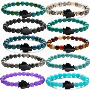 Natural Stone Agate Tiger Eye Beaded Bracelet Blue Sandstone Penguin Fish Pendant Elastic Yoga Bracelet For Men Women Jewelry