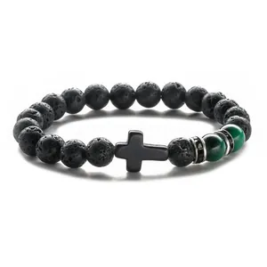 8mm Matte Onyx and Tiger Eye Beaded Bracelet with Black Cross and Pave Crystal Accents