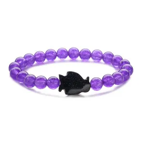 Blue sandstone penguin charm bracelet with purple natural agate and tiger eye beads for women