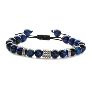 Adjustable blue tiger eye beaded bracelet with stainless steel mesh spacers and woven cord