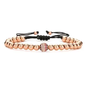 Handmade woven bracelet with rose gold beads and colorful micro-pave zircon ball