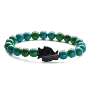 Blue sandstone elephant charm beaded bracelet with green and blue natural tiger eye stones
