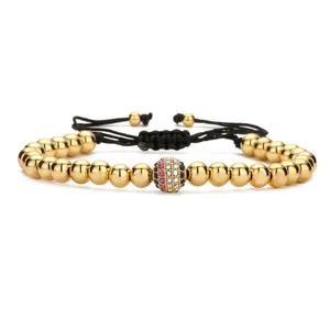 Adjustable gold bead bracelet with colorful micro-paved zircon stones and black woven cord