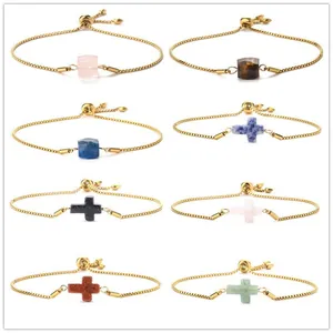 Minimalist Stainless Steel Box Chain Bracelet Natural Stone Cross Square Charm Adjustable Bolo Clasp Jewelry For Women