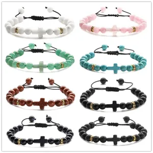 Natural Stone Beaded Bracelet With Cross Charm Adjustable Braided Rope Lava Rock Rose Quartz Jewelry For Men Women