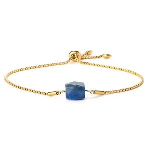 Gold square chain bracelet with blue natural stone pendant and adjustable drawstring clasp