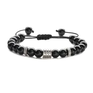 Adjustable black bead bracelet with carved silver accents for men and women