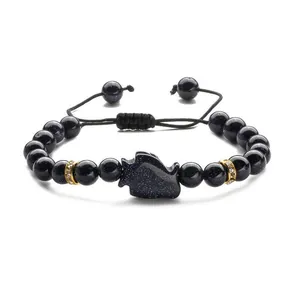 Blaues Sandstein Perlenarmband mit Wolf-Anhänger und verstellbarer schwarzer Kordel