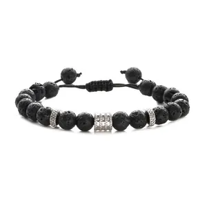 Adjustable black lava stone beaded bracelet with silver metal charms for men and women