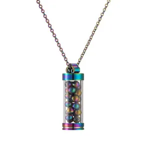 Collier pendentif bouteille de parfum en acier inoxydable arc-en-ciel et cristaux