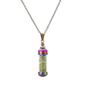Collar colgante frasco de perfume arcoíris de acero con cristales de color verde claro