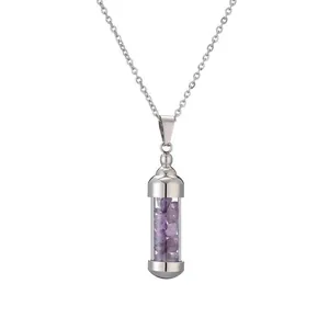 Edelstahl-Halskette mit Parfümflaschen-Anhänger und lila Amethyst-Steinen im Inneren