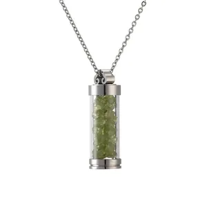 Silver stainless steel necklace with green natural stone filled cylindrical pendant
